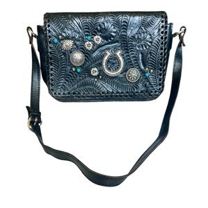 American West Black Genuine Leather Crossbody Adjustable Western Faux Turquoise